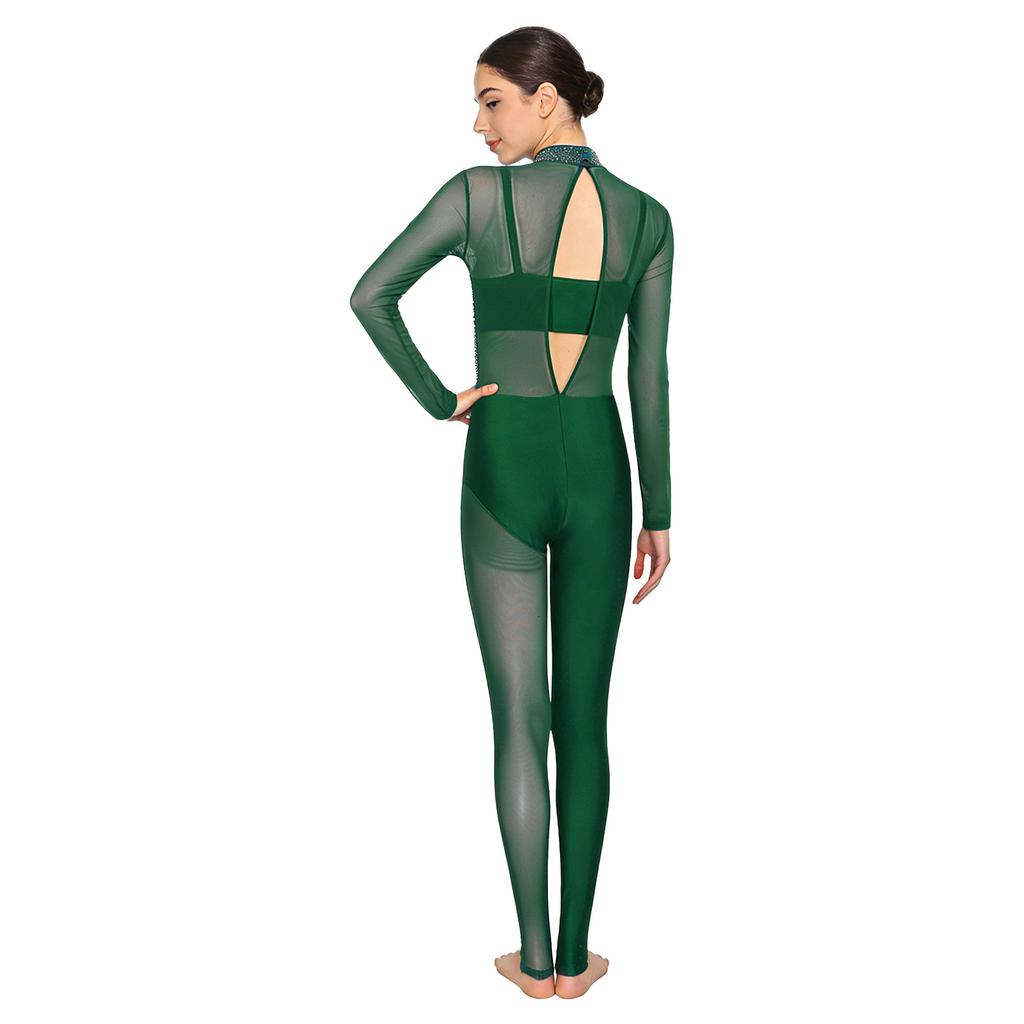 Womens Gymnastics Unitard Bodysuit Rhinestone Sheer Mesh Patchwork Cutout Back Full Body Jumpsuit Figure Skating Wear