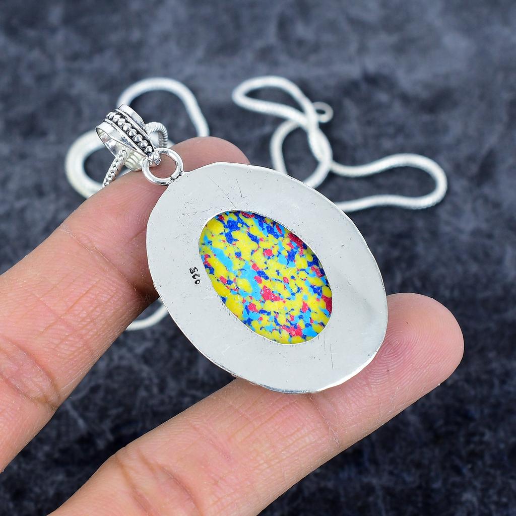 Mosaic Jasper Gemstone Handmade 925 Sterling Silver Jewelry Pendant 2.29" M-2923