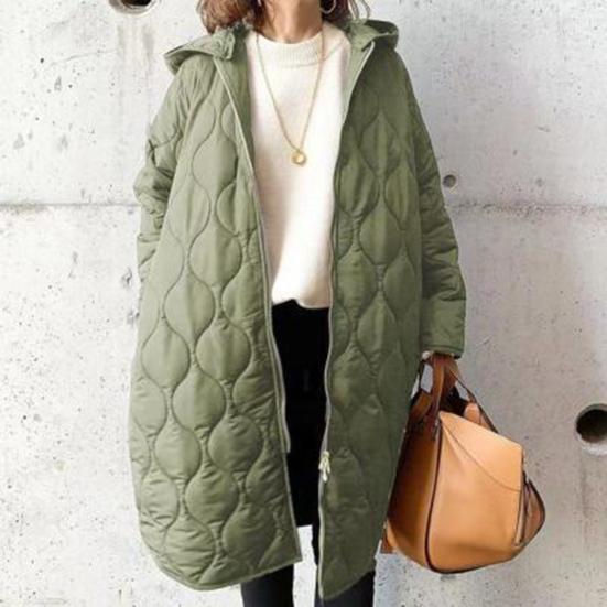 Fall Winter Women Jacket Hooded Zip-up Rhombus Texture Thin Padded Long Sleeves