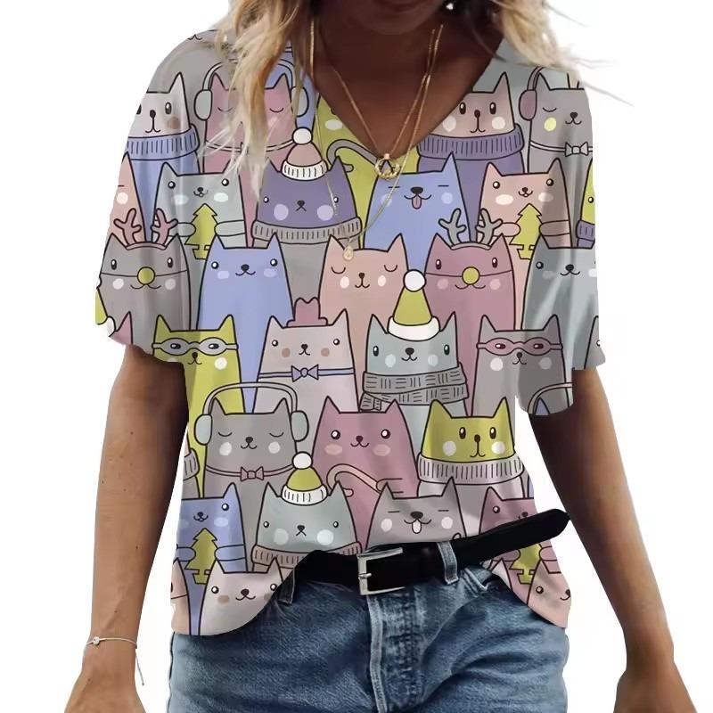 Cartoon Cat Women's T-shirts V-Neck Cute Cat 3D Print Short Sleeve Summer Kawaii Fashion Casual Tee Shirts Funny Femininity Clothes