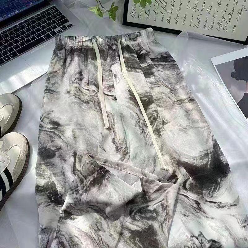 Women's High Waist Drawstring Wide Leg Pants Loose Straight Tie Dye Printed Polyester Trousers For Summer Commute Floor Length Casual Wear