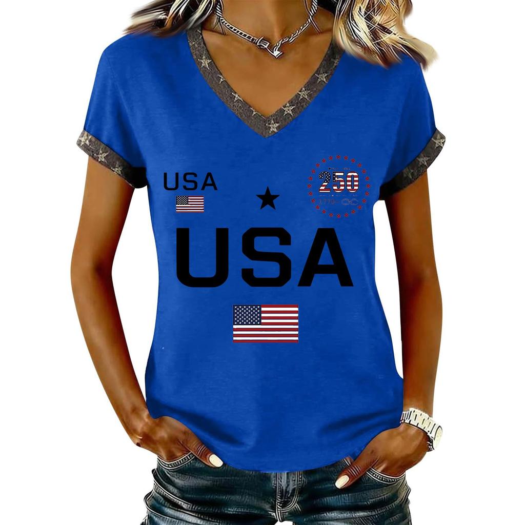 Damen Lässiger V-Ausschnitt Kurzarm Pullover Bedrucktes T-Shirt Top
