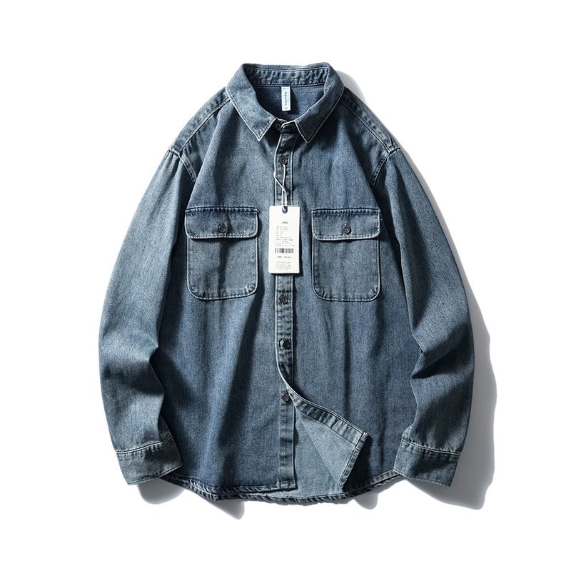 Blue Washed Retro Denim Shirt Jacket Men Long Sleeves 2024 Autumn New Arrival Export Men's Wear Workwear Shirt