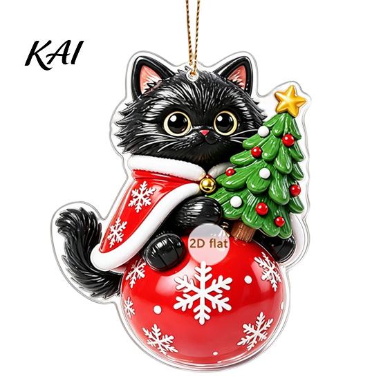Acrylic Holiday Ornaments Christmas Cat Pendant with Hanging Rope, 2D Flat Ornament for Xmas Tree Unique Gift Ideas Decoration, Cute Decor,