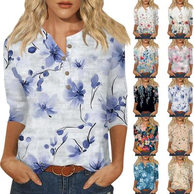 Women's Loose Casual Seven Quarter Sleeve Floral Print Round Neck Button Up Top Top
