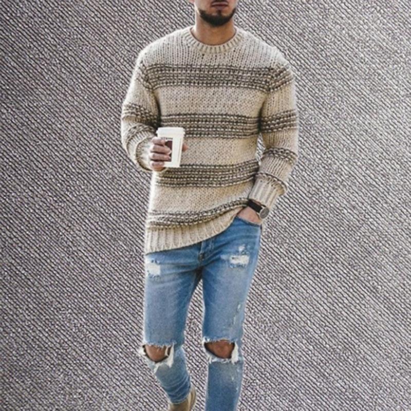 Sweater Men'S Autumn And Winter New Fashionable Round Neck Knitted Top Striped Casual Sweater