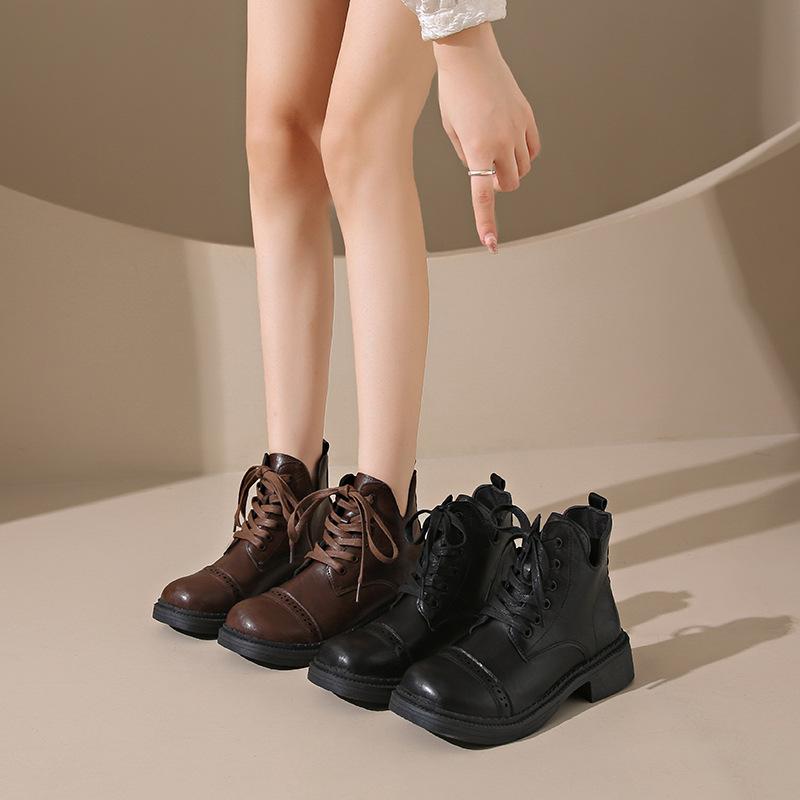 Brązowe modne buty typu Martin z grubą podeszwą w stylu retro na jesień, damskie niskie buty