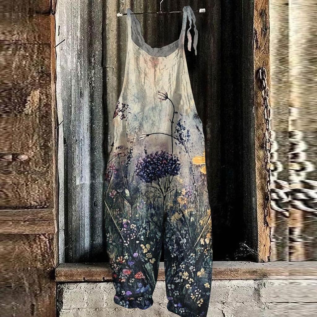 Women's Jumpsuit Floral Print Casual Loose Vintage Shoulder Strap Cotton Linen