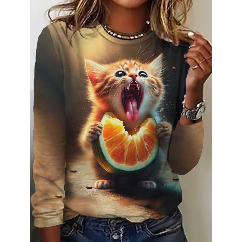 Women's Long Sleeve T-Shirt Cute Cat Pattern 3D Print Autumn Street Casual Fall Round Neck Oversized Clothing Outdoor T Shirts