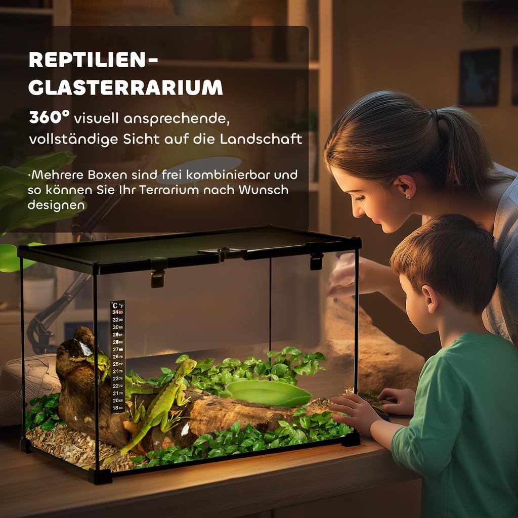 Glass Reptile Terrarium Insect Breeding Tank Vivarium Habitats with Thermometer for Lizards, Horned Frogs, Snakes, Spiders - Large 50 x 30 x 35cm