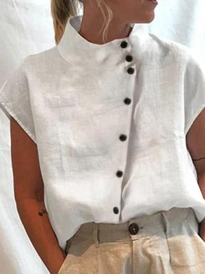 New Trendy Stand Collar Women's Short-Sleeve Button-Up Shirt