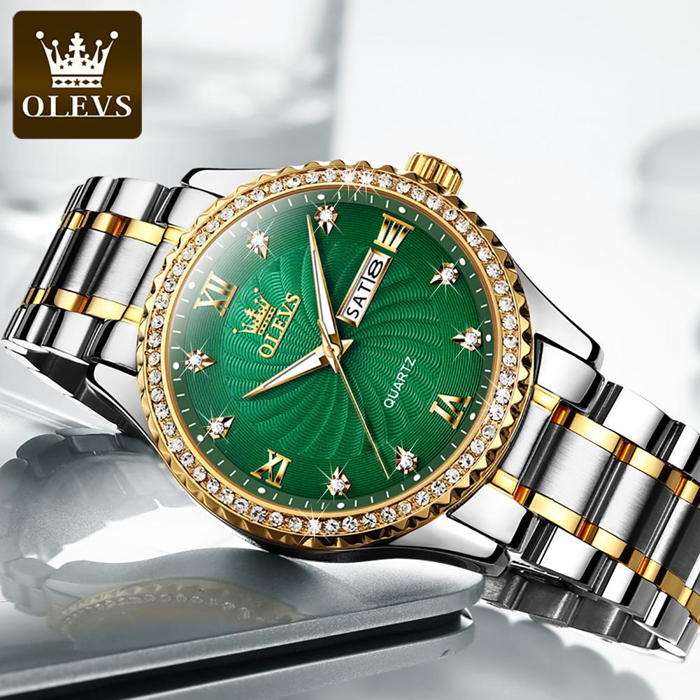 OLEVS Brand Diamond Studded Gold Watch Double Calendar Night Light Waterproof Quartz Men's Watch 5565