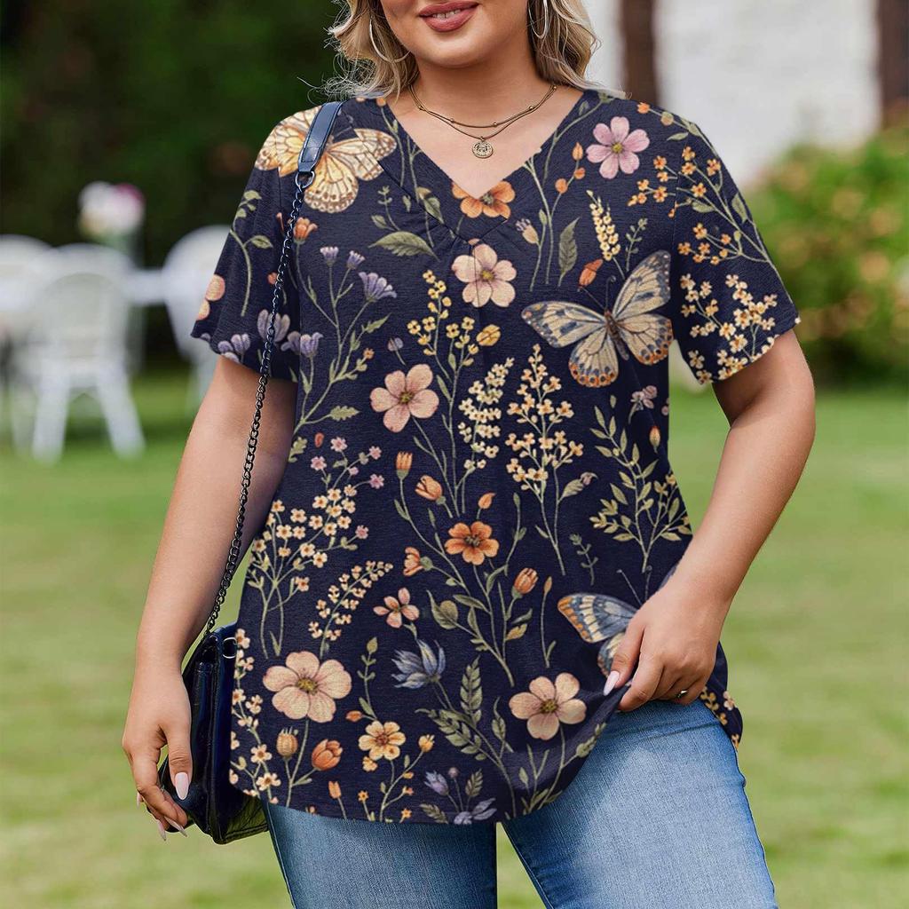 Damska Modna Codzienna Luźna Bluzka Plus Size z Krótkim Rękawem Elegancka z Dekoltem V Do Pracy