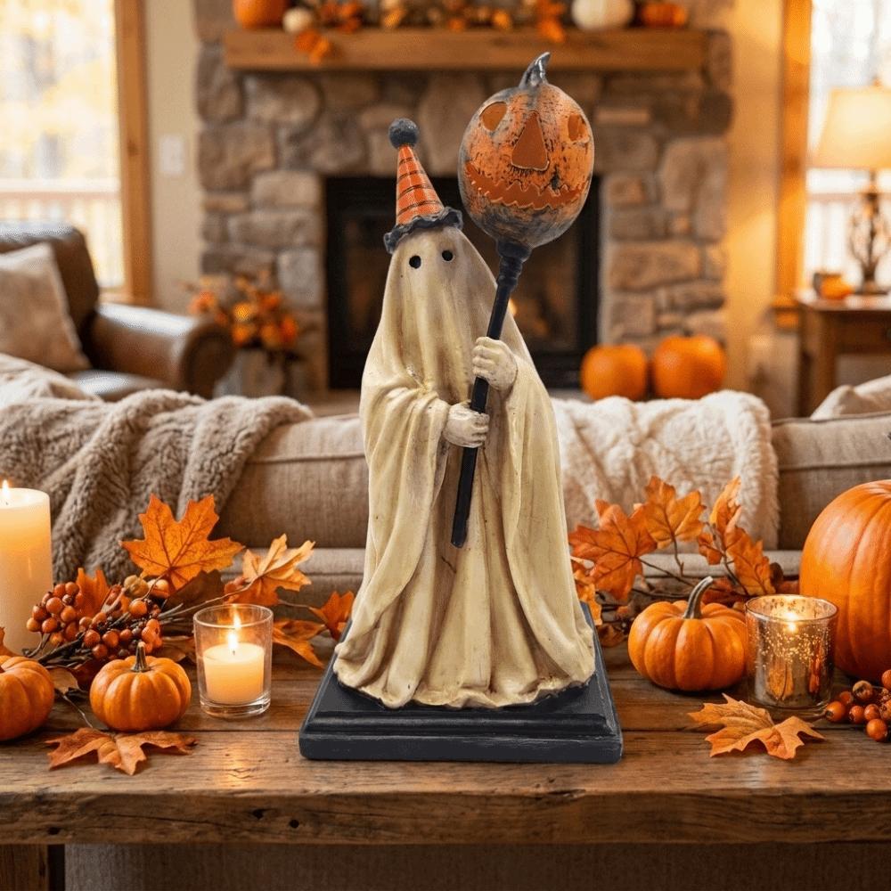Cute Vintage Ghost Figurine Resin Scary Pumpkin Ornament Unique Spooky Halloween Statue Shelf Decor