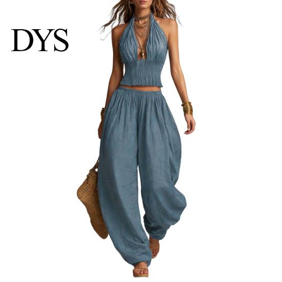 Loose Fit Women Clothing Women's Halter Sleeveless Summer 2 Piece Sets, Pleated Ruffle Backless Plus Size Casual Suit V Neck Top And Wide Leg