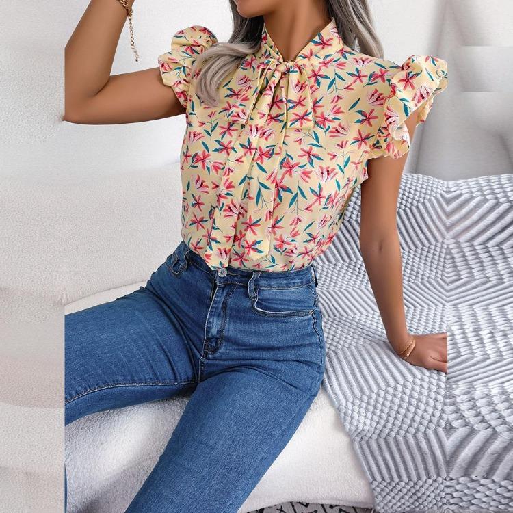 Damen Sommer Chiffon Bluse Floral Schnürung Schleife Holzohr Hemd