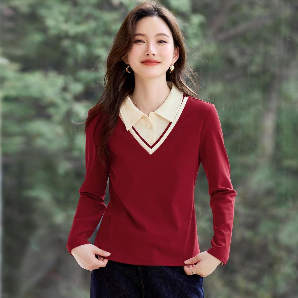 Women's Straight Shoulder Long-Sleeve T-Shirt, New 2026 Stylish Lapel Top for Spring & Autumn. Versatile Base Layer or Outerwear.