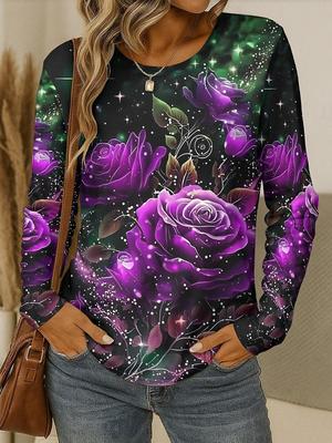 T-shirt da donna con stampa floreale 3D elegante a rose, maniche lunghe, scollo rotondo, vestibilità regolare, ideale per vacanze, weekend, primavera e autunno.