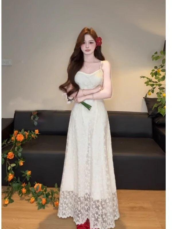 Pure desire wind embroidery suspender dress women's summer new temperament fashion waist thin chic long dress tide