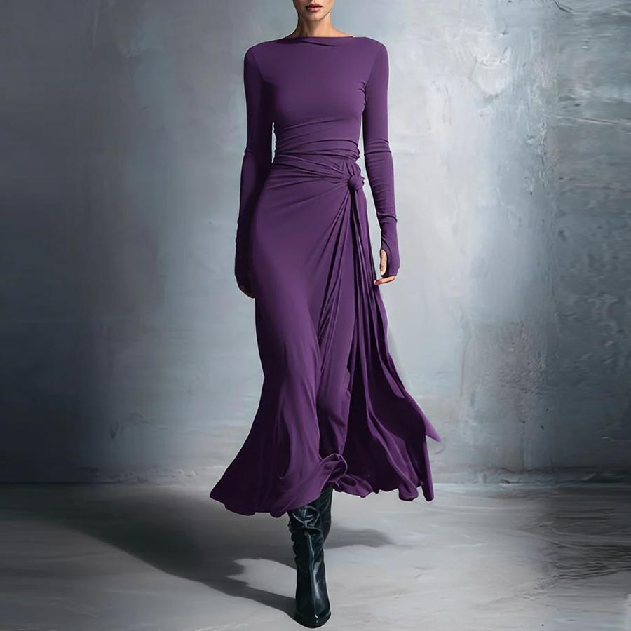 Fall New Women's Dresses Solid Color Elegant Wrap Long Dress with Accessories Long Sleeve