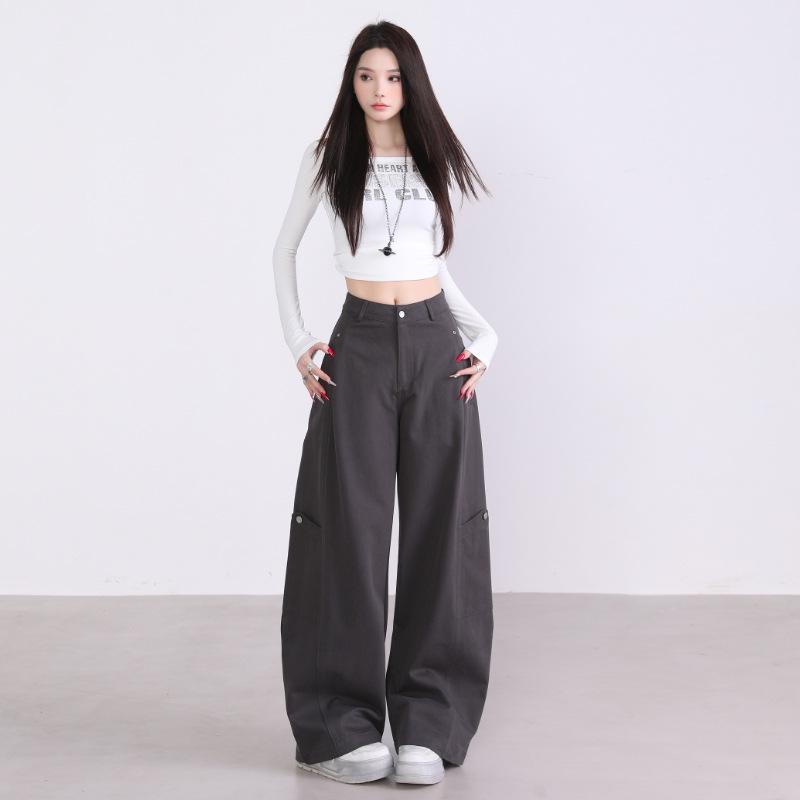 2025 Autumn Women's Spliced Wide-Leg Cargo Pants with Large Pockets