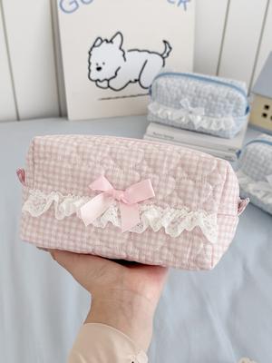 Koreanische Karomuster-Spitzen-Kosmetiktasche Gesteppte Herzförmige Achteckige Kosmetik-Organizer Niedliches Süßes Federmäppchen Mädchen Reise-Kulturbeutel