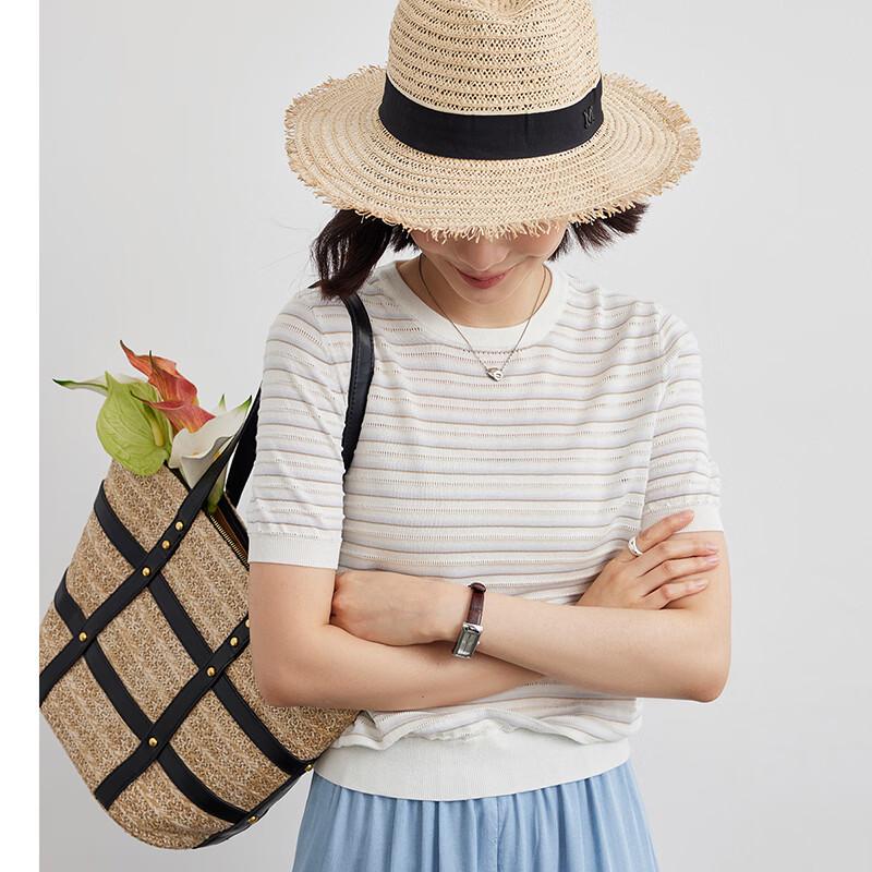 Women s Striped Knit T-Shirt with Silk & Tencel L серый