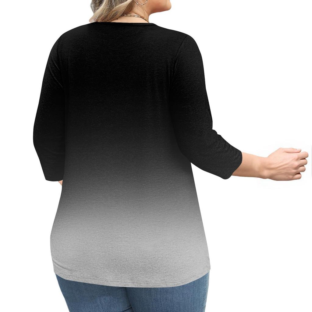 Women's Large Size Print 3/4 Sleeve Button Collar Top T-Shirt Bottoming Shirt