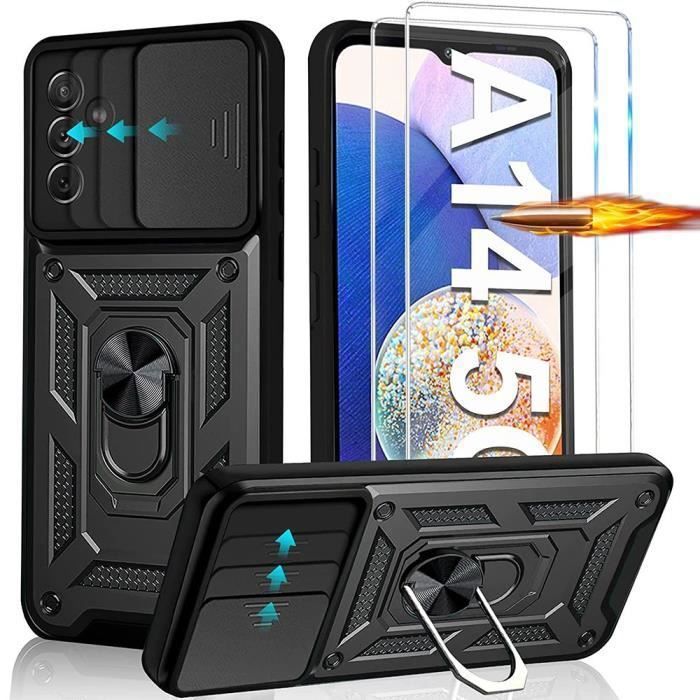 Coque pour Samsung Galaxy A14 - avec 2 Verre Trempé - Antichoc - Bague rotative 360° - Protection objectif - Noir
