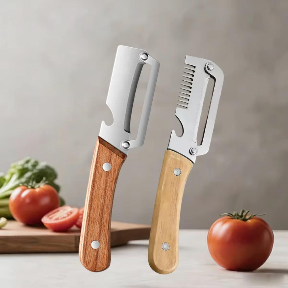 Premium Vegetable Peeler with Wooden Handle and Bottle Opener 2-in-1 Stainless Steel Kitchen Tool for Fruit Apple Potato Pumpkin