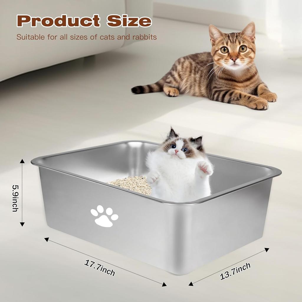 Stainless Steel Cat Litter Box, High Sided, Non-Stick, Splash-Proof, Easy Clean, 17.7' X 13.7'