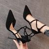 2021 New Cross-strap Roman Sandals Suede High-heeled Women's Shoes One-button Stiletto Pointed Sandals