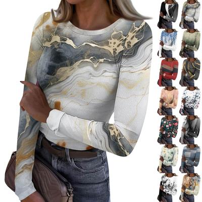 Women's  And Winter Slim Bottom T-shirt Fashion Casual Gradient Printing Round Neck Pullover Long Sleeve Top