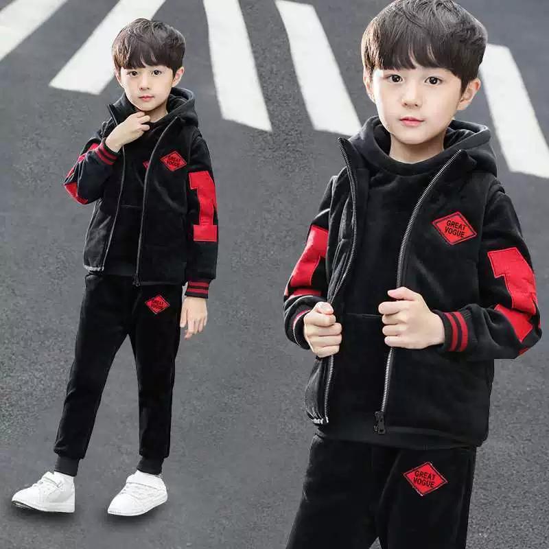 Boys' Suit with Plush and Thickened Autumn and Winter Clothing, Mid Size Children's Clothing, Boys' Hoodie Three Piece Set, Cool and Trendy