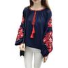 Women Summer Blouse Ethnic Embroidered Pullover Top Round Neck Lantern Sleeve Loose Fit Tunic Shirt