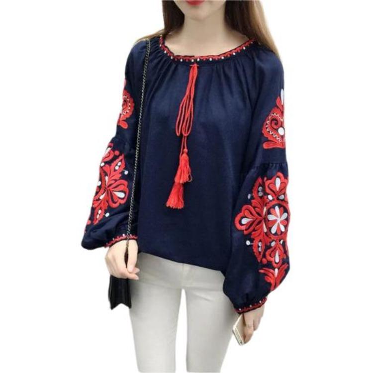 Women Summer Blouse Ethnic Embroidered Pullover Top Round Neck Lantern Sleeve Loose Fit Tunic Shirt