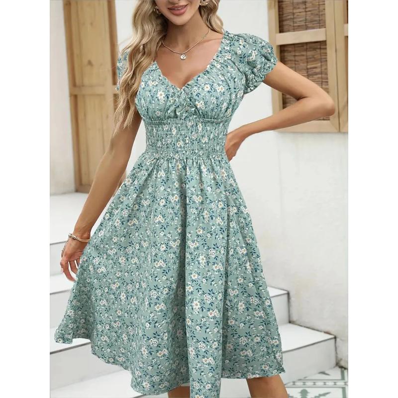 Spring Summer Women Floral Dress French Style Ruffled Sleeves Wrap Waist Boho Beach Sundress Cottagecore