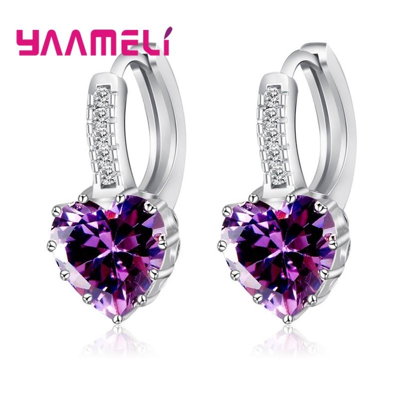 

Big Sale 925 Silver Loop Hoop Earrings Candy Color Cubic Zircon Charms Women Jewelry Wedding Accessory Brincos пурпурное сердце