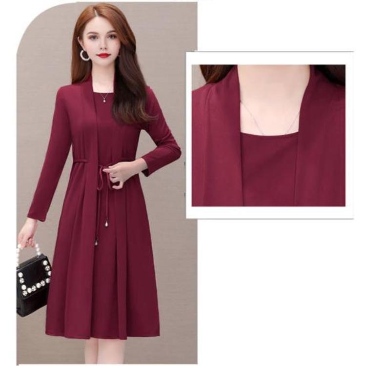 Elegant Plus Size Lady Dress Formal Office Commuting Midi Dress Long Sleeve A-line Lace-up Strap Fake Two-piece Style