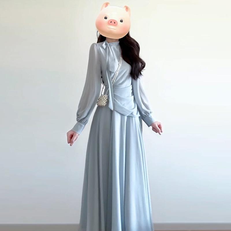 Early Autumn New Chinese Zen Blue Long-Sleeved Dress Set