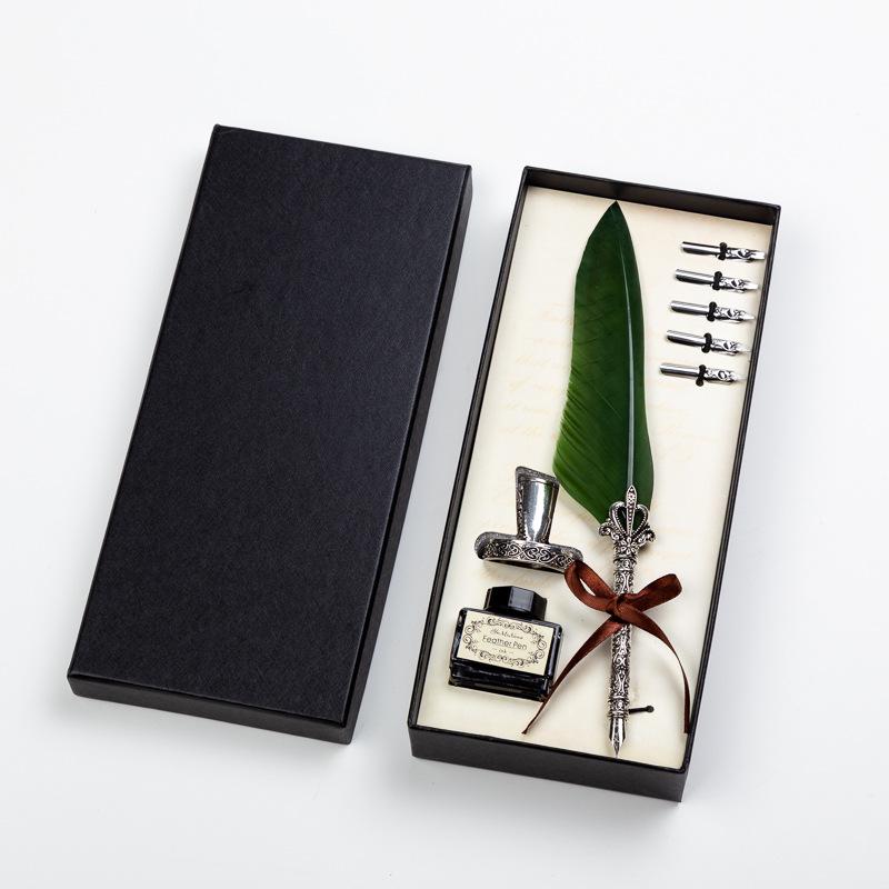 Goose Feather Pen Set with Carved Base and Stainless Steel Nibs - Unique Gift