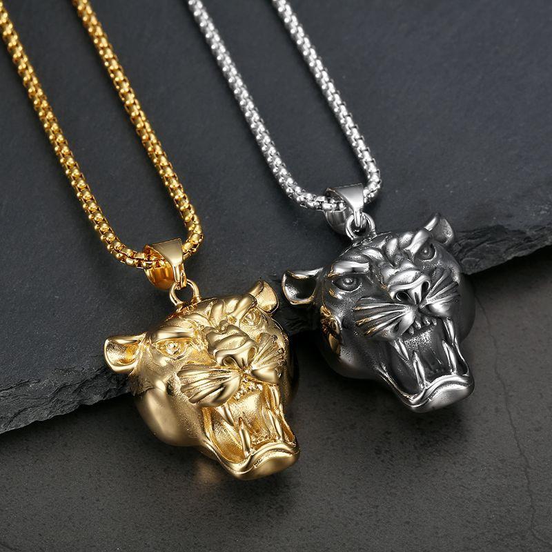 Men's Hip Hop Lion Pendant Necklace Stainless Steel Gold Black Cuban Chain Punk Men Fashion accessories