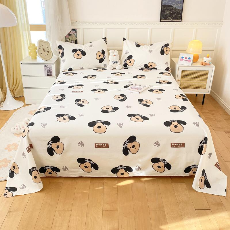 Cute Bear 100% Cotton Bed Sheet Set Plaid Pattern Cartoon Theme Flat Sheets with 2 Pillowcases Breathable Soft Bedding Set