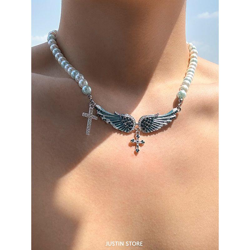 Shijia Pearl Necklace Men's Angel Wings Inlaid Zirconium Clavicle Chain European and American All Match Personality Fancy Cross Men's Chain