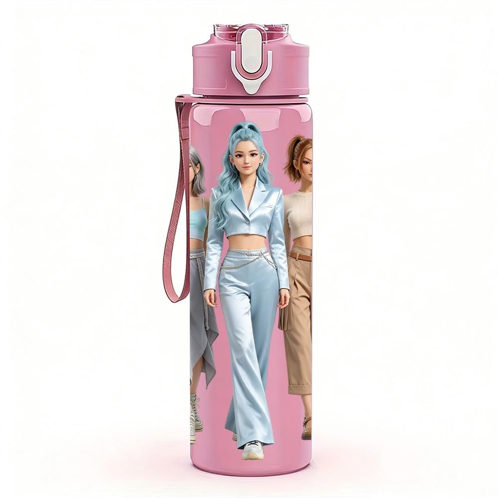 1PC Two Casual Ladies Walking 750ml Color Plastic Sports Water Bottle Leakproof Flip Straw Lid Suitable for Sports Office Home Use