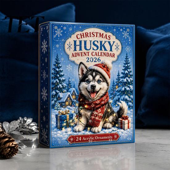 Acrylic Pendant Box Husky Christmas Advent Calendar 2026 with 24 Unique Pendants for Tree Decorations, Party Favor Cute Dog Themed Holiday Countdown