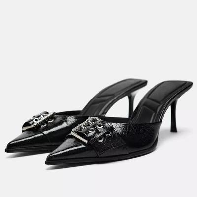Mules Donna Moda Punta Acuta Fibbia Cinturino Pelle Verniciata Nera Tacco a Spillo Tacchi Alti Sandali Estivi Moda Designer per Signore
