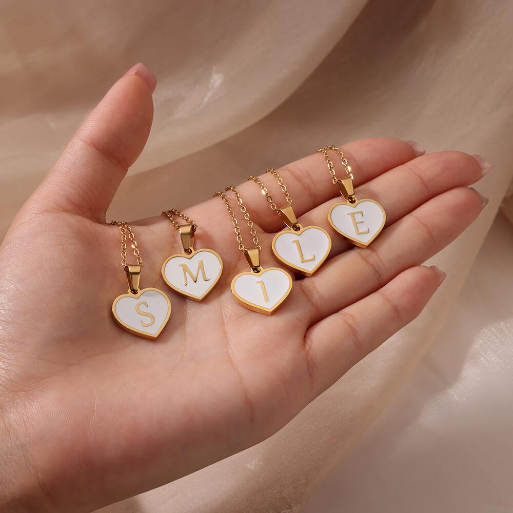 Stainless Steel Initial Letter Enamel White Heart Necklaces for Women Cute Name Pendant Charm Necklace Zircon Prom Accessories