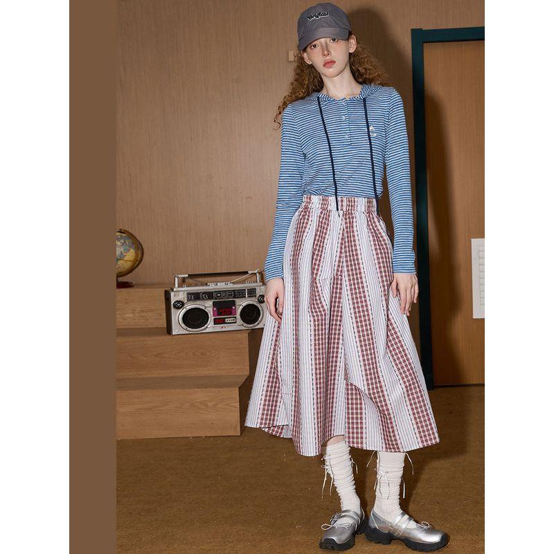 Coolhut Designer Retro Pink Versatile Contrasting Color High-Waisted Slimming Plaid Girly Skirt