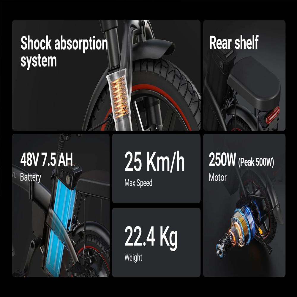 Electric Bike Foldable DYU 14" 250W Motor Top Speed 25Km/h 48V 7.8AH Max Range 60Km Black A5